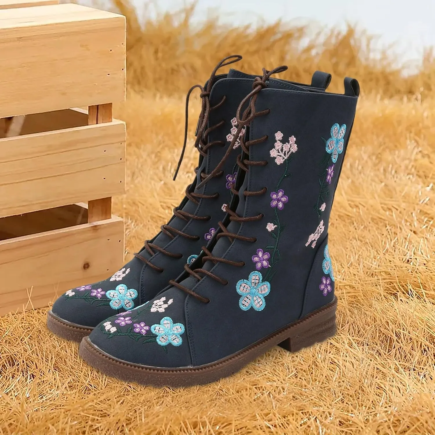 Mid Calf Boots for Women Retro Printed Embroidered Women's Heel Monochrome Fashion Short Boots Non Statement Boots Women
