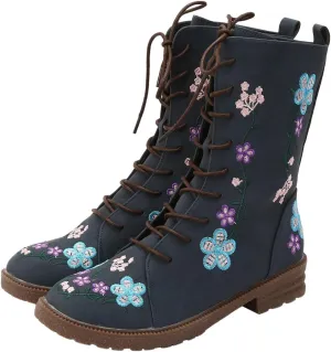Mid Calf Boots for Women Retro Printed Embroidered Women's Heel Monochrome Fashion Short Boots Non Statement Boots Women