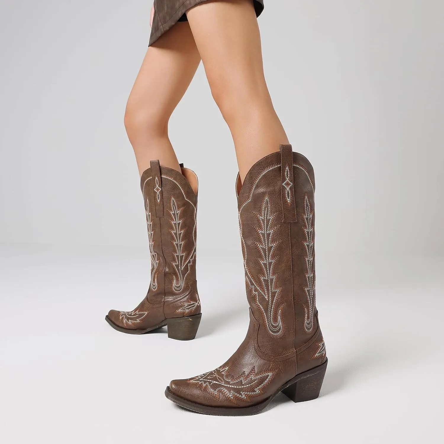 mikarka Cowboy Boots for Women Cowgirl Boots Knee High Western Boots w/Classic Embroidered Pointed Toe Slip-On Chunky Heel Pull On Retro Fashion Tall Long Boot for Ladies