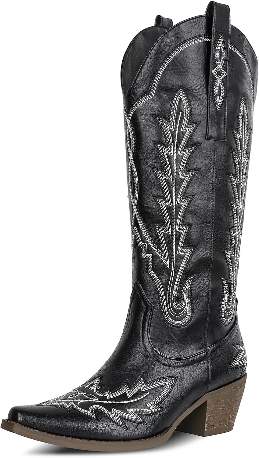 mikarka Cowboy Boots for Women Cowgirl Boots Knee High Western Boots w/Classic Embroidered Pointed Toe Slip-On Chunky Heel Pull On Retro Fashion Tall Long Boot for Ladies
