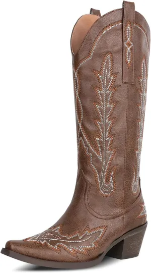 mikarka Cowboy Boots for Women Cowgirl Boots Knee High Western Boots w/Classic Embroidered Pointed Toe Slip-On Chunky Heel Pull On Retro Fashion Tall Long Boot for Ladies