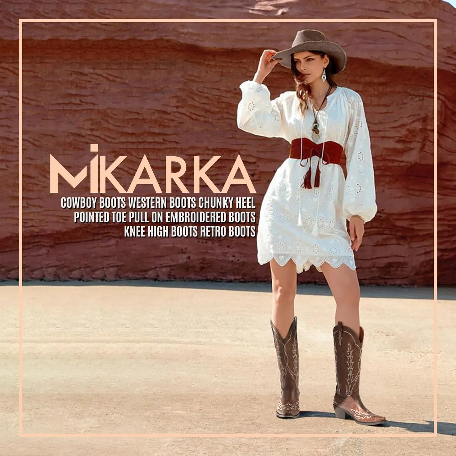 mikarka Cowboy Boots for Women Cowgirl Boots Knee High Western Boots w/Classic Embroidered Pointed Toe Slip-On Chunky Heel Pull On Retro Fashion Tall Long Boot for Ladies