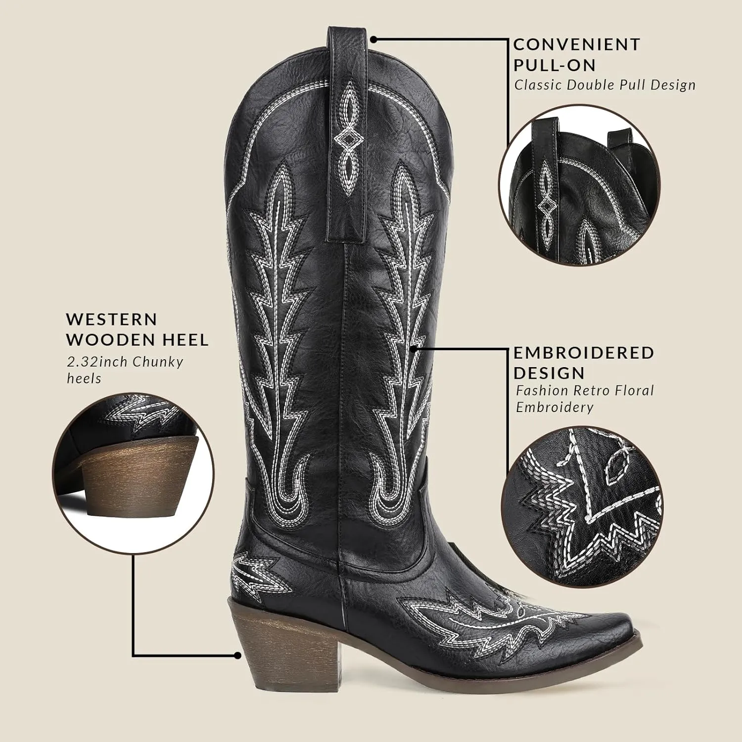 mikarka Cowboy Boots for Women Cowgirl Boots Knee High Western Boots w/Classic Embroidered Pointed Toe Slip-On Chunky Heel Pull On Retro Fashion Tall Long Boot for Ladies