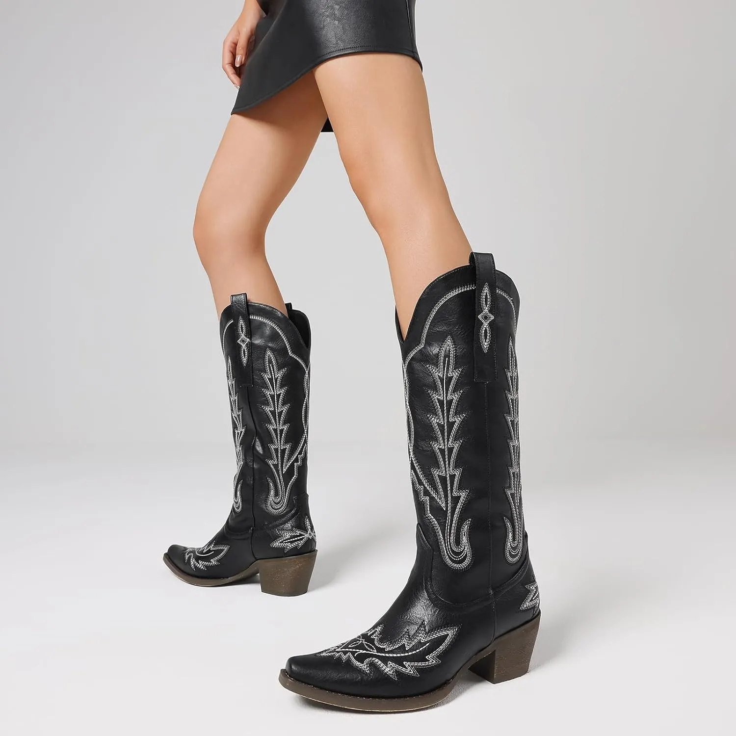 mikarka Cowboy Boots for Women Cowgirl Boots Knee High Western Boots w/Classic Embroidered Pointed Toe Slip-On Chunky Heel Pull On Retro Fashion Tall Long Boot for Ladies