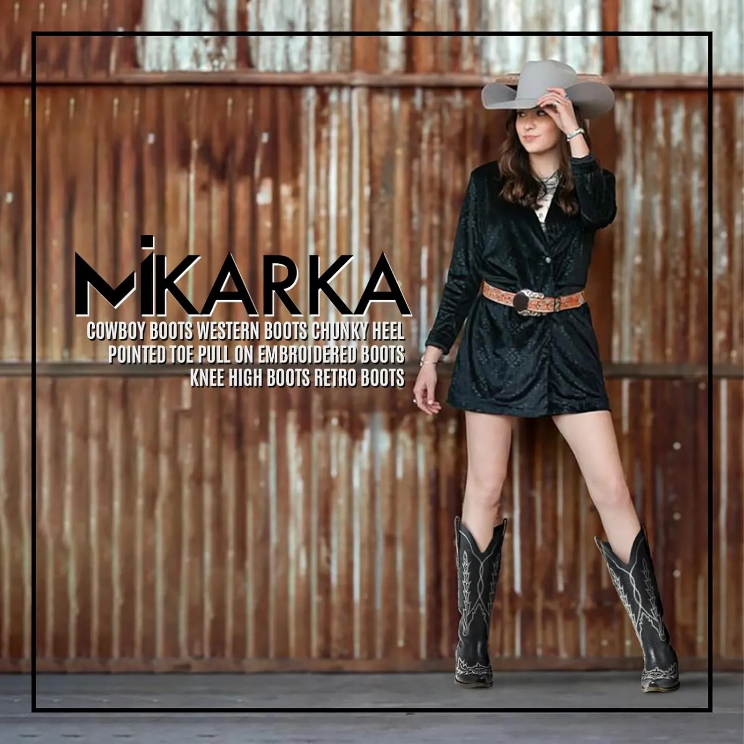 mikarka Cowboy Boots for Women Cowgirl Boots Knee High Western Boots w/Classic Embroidered Pointed Toe Slip-On Chunky Heel Pull On Retro Fashion Tall Long Boot for Ladies