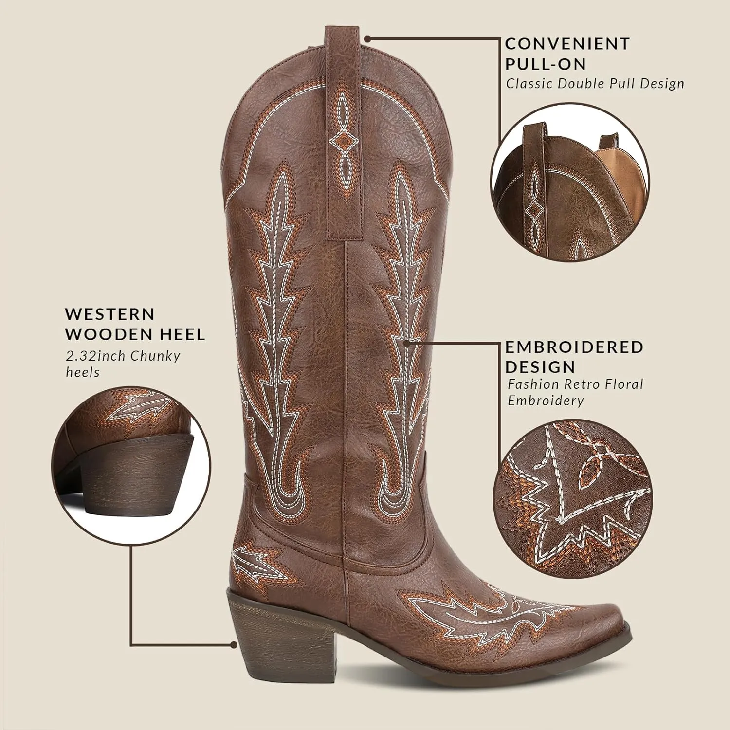 mikarka Cowboy Boots for Women Cowgirl Boots Knee High Western Boots w/Classic Embroidered Pointed Toe Slip-On Chunky Heel Pull On Retro Fashion Tall Long Boot for Ladies
