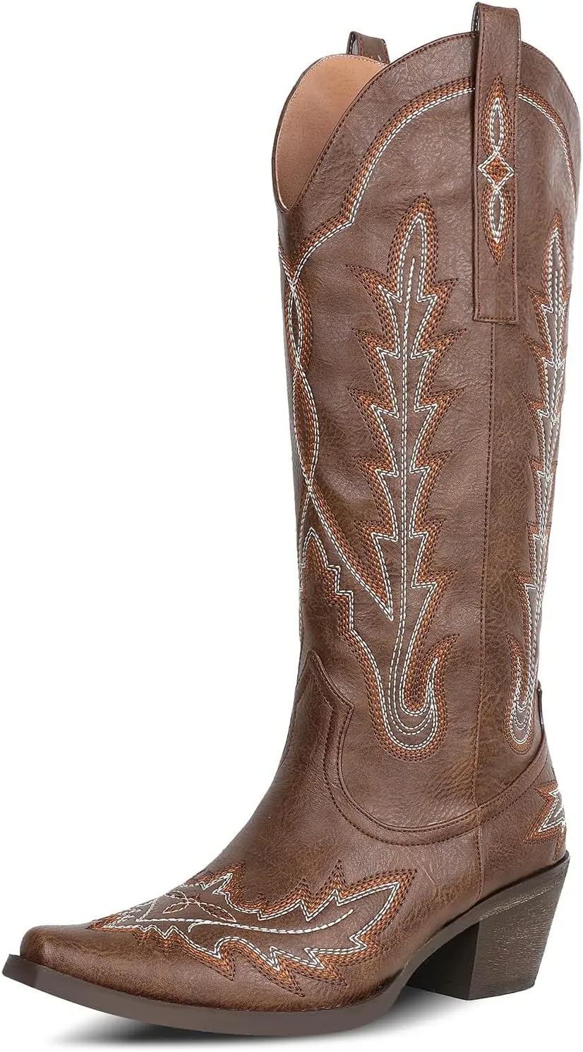 mikarka Cowboy Boots for Women Cowgirl Boots Knee High Western Boots w/Classic Embroidered Pointed Toe Slip-On Chunky Heel Pull On Retro Fashion Tall Long Boot for Ladies