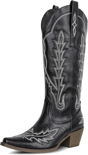 mikarka Cowboy Boots for Women Cowgirl Boots Knee High Western Boots w/Classic Embroidered Pointed Toe Slip-On Chunky Heel Pull On Retro Fashion Tall Long Boot for Ladies