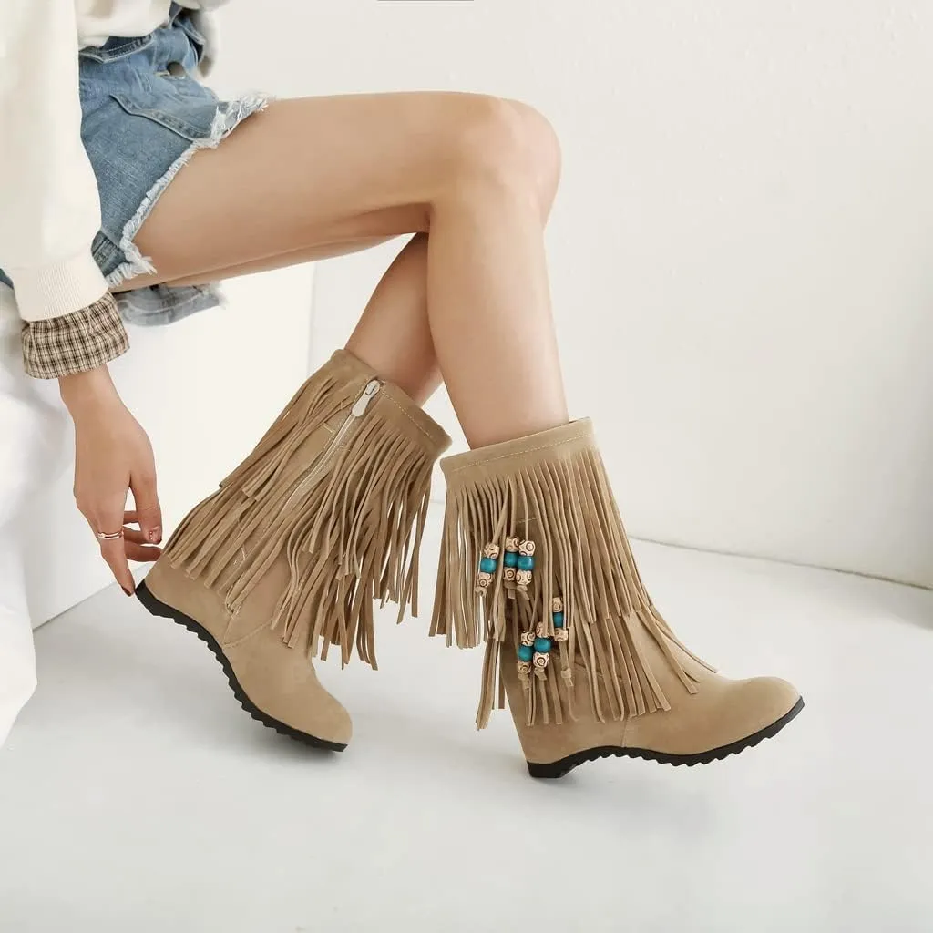 MIOKE Women's Suede Tassel Flat Ankle Boots Round Toe Slip On Low Heel Winter Wide Fringed Short Booties