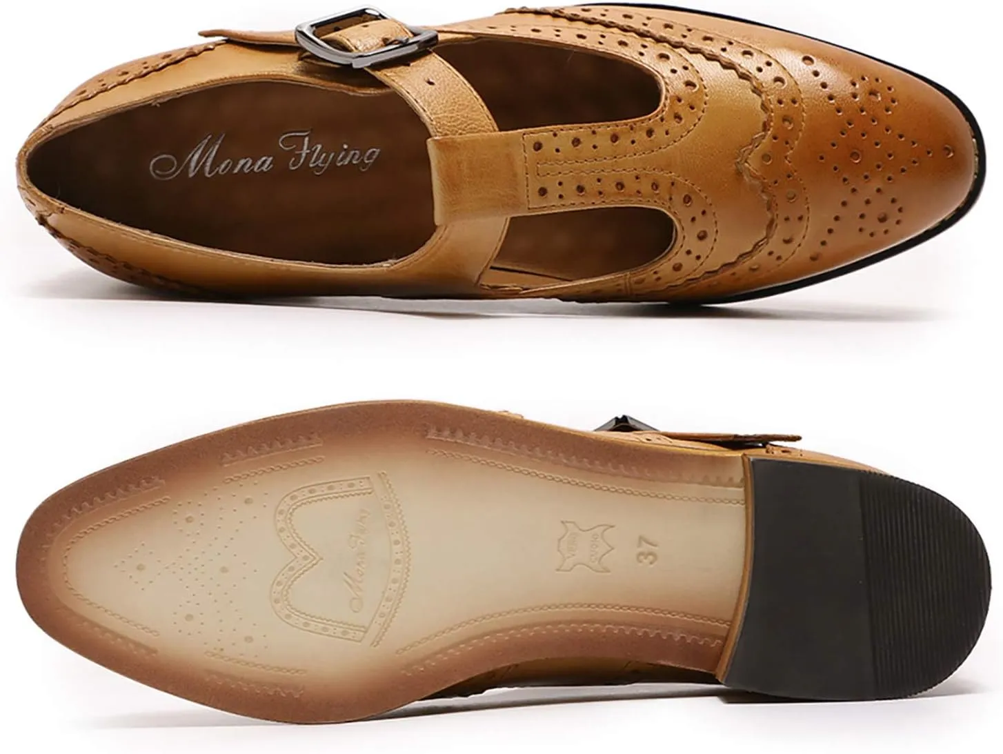 Mona flying Women's Classic Wingtip Oxfords Mary Jane T Strap Flat Leather Shoes for Ladies