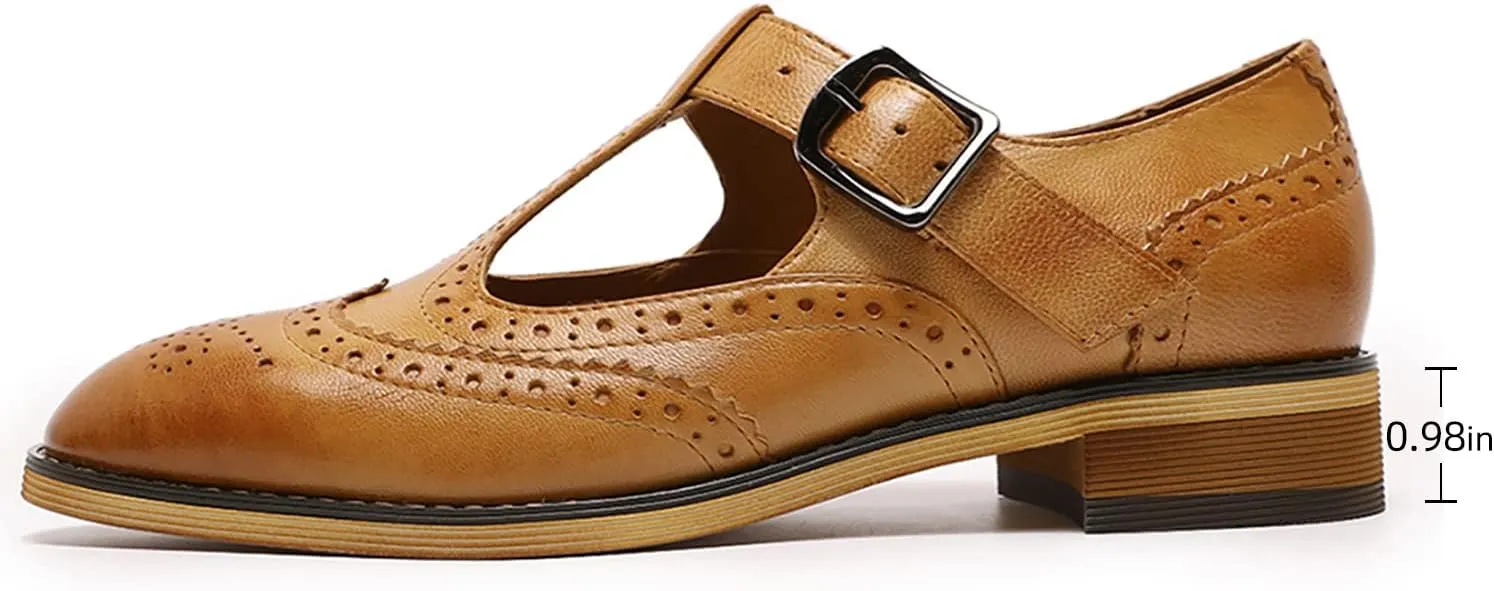 Mona flying Women's Classic Wingtip Oxfords Mary Jane T Strap Flat Leather Shoes for Ladies