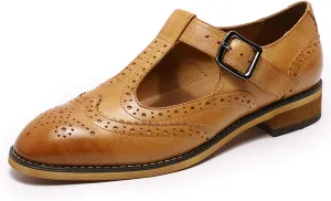 Mona flying Women's Classic Wingtip Oxfords Mary Jane T Strap Flat Leather Shoes for Ladies