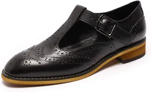 Mona flying Women's Classic Wingtip Oxfords Mary Jane T Strap Flat Leather Shoes for Ladies