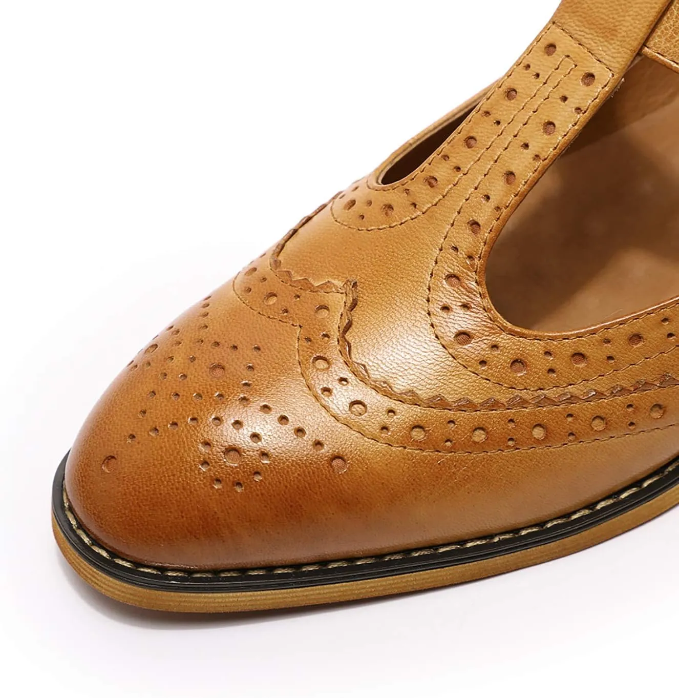 Mona flying Women's Classic Wingtip Oxfords Mary Jane T Strap Flat Leather Shoes for Ladies