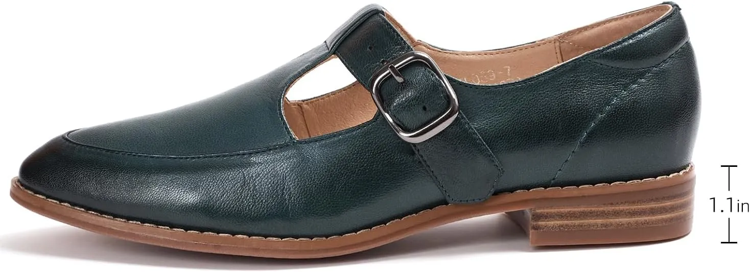 Mona flying Women's Leather Pointed Toe Mary Jane Loafer Dress Casual Flat T Strap Office Work Shoes for Ladies