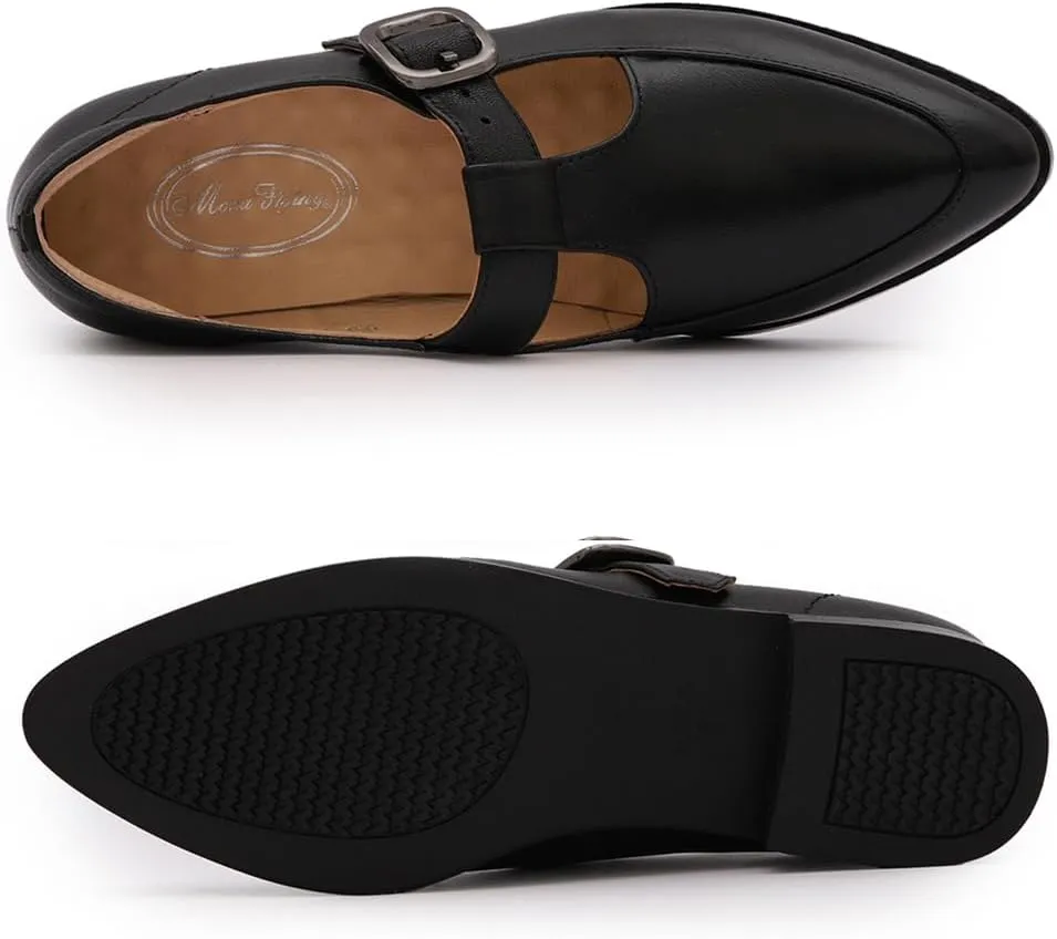 Mona flying Women's Leather Pointed Toe Mary Jane Loafer Dress Casual Flat T Strap Office Work Shoes for Ladies