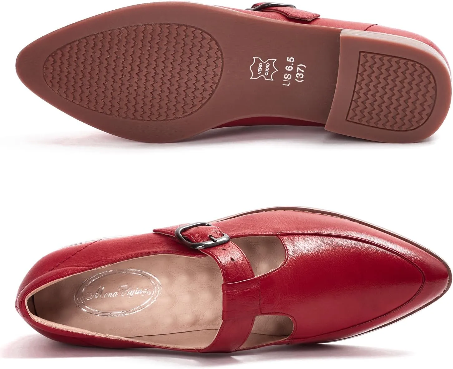 Mona flying Women's Leather Pointed Toe Mary Jane Loafer Dress Casual Flat T Strap Office Work Shoes for Ladies
