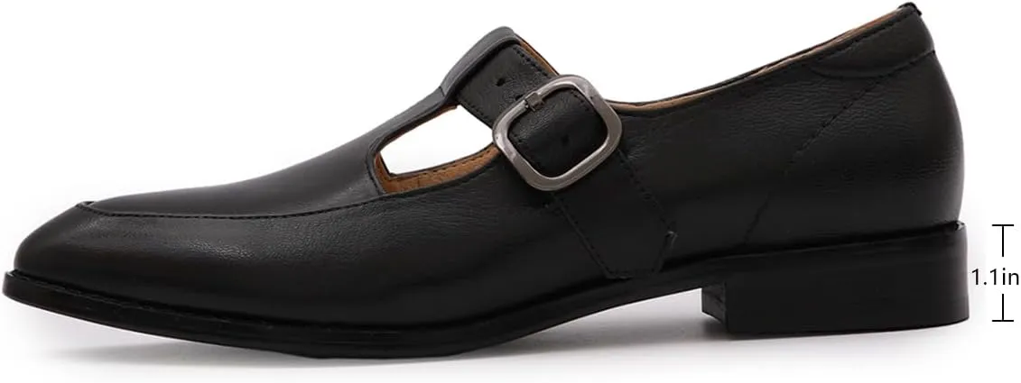 Mona flying Women's Leather Pointed Toe Mary Jane Loafer Dress Casual Flat T Strap Office Work Shoes for Ladies
