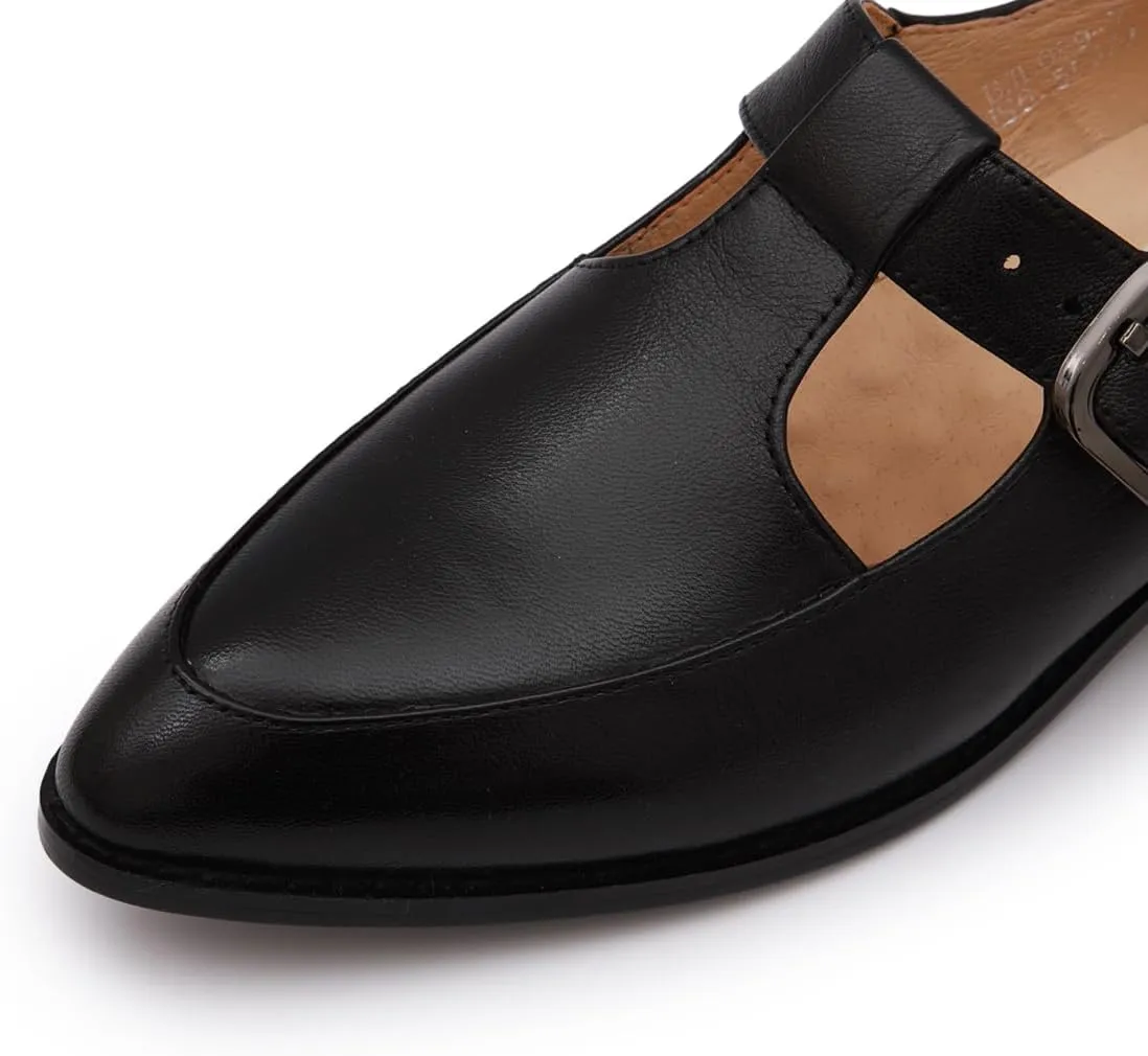 Mona flying Women's Leather Pointed Toe Mary Jane Loafer Dress Casual Flat T Strap Office Work Shoes for Ladies