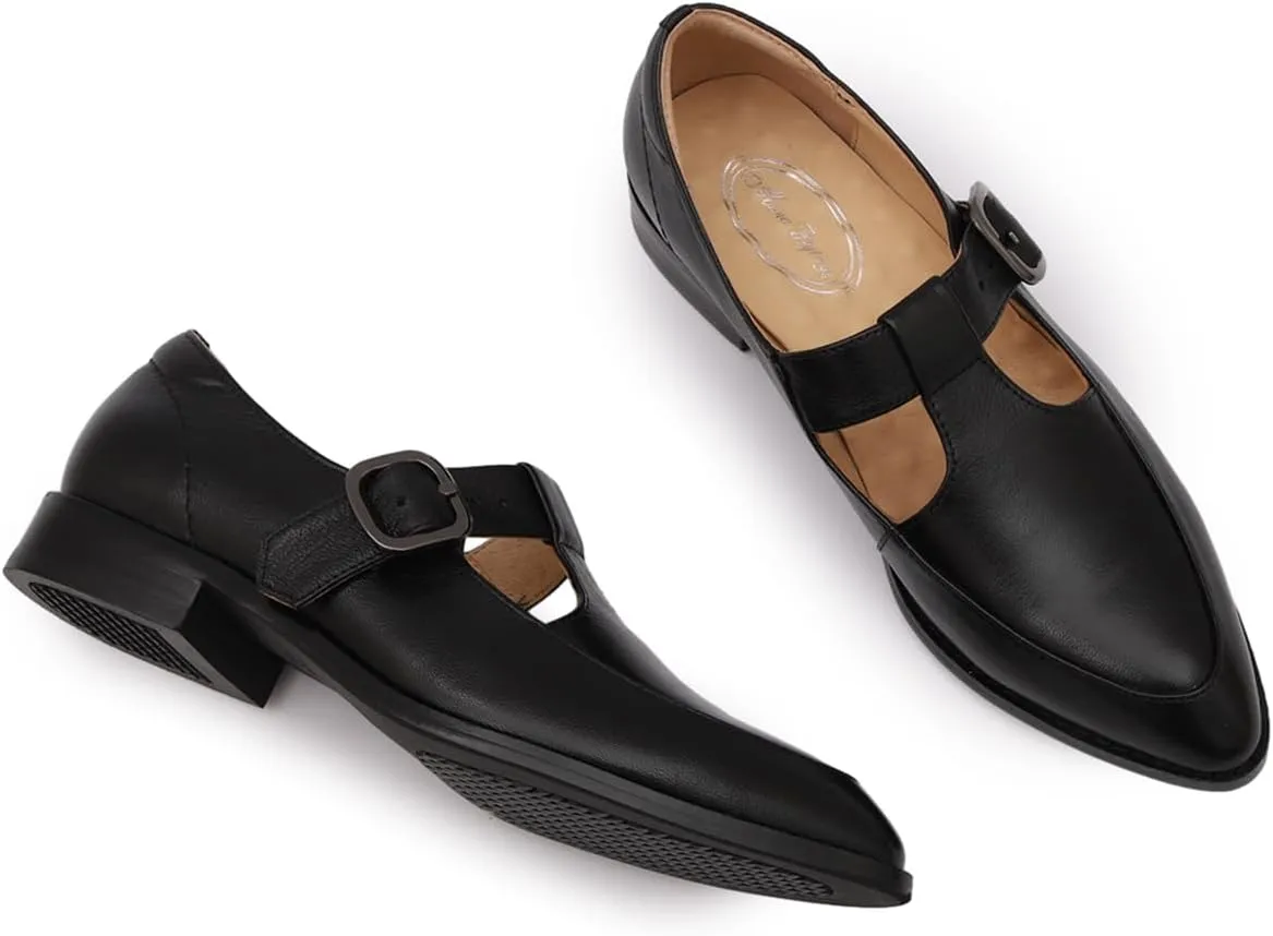 Mona flying Women's Leather Pointed Toe Mary Jane Loafer Dress Casual Flat T Strap Office Work Shoes for Ladies