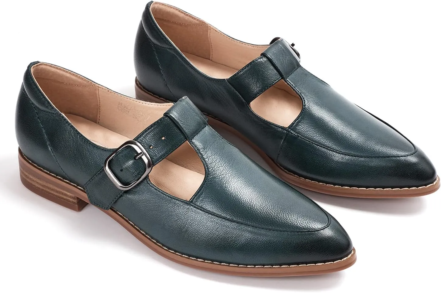 Mona flying Women's Leather Pointed Toe Mary Jane Loafer Dress Casual Flat T Strap Office Work Shoes for Ladies