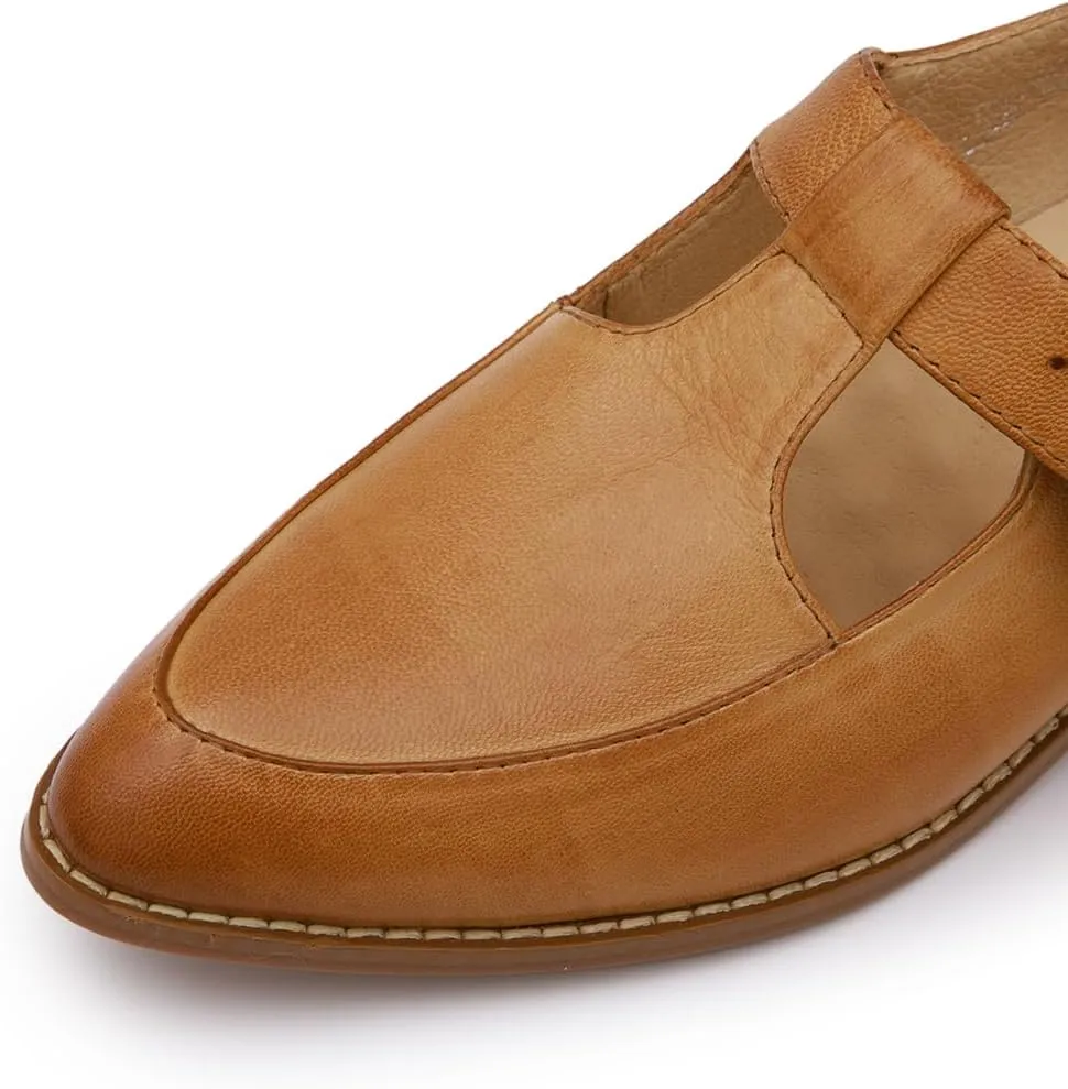 Mona flying Women's Leather Pointed Toe Mary Jane Loafer Dress Casual Flat T Strap Office Work Shoes for Ladies