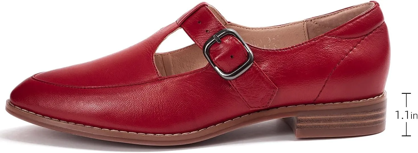 Mona flying Women's Leather Pointed Toe Mary Jane Loafer Dress Casual Flat T Strap Office Work Shoes for Ladies