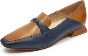 Mona flying Women's Leather Square Toe Penny Loafer Comfort Dress Casual Slip on Flat Office Work Shoes for Ladies