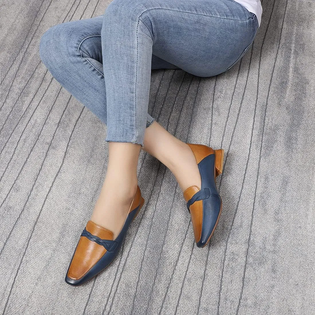 Mona flying Women's Leather Square Toe Penny Loafer Comfort Dress Casual Slip on Flat Office Work Shoes for Ladies