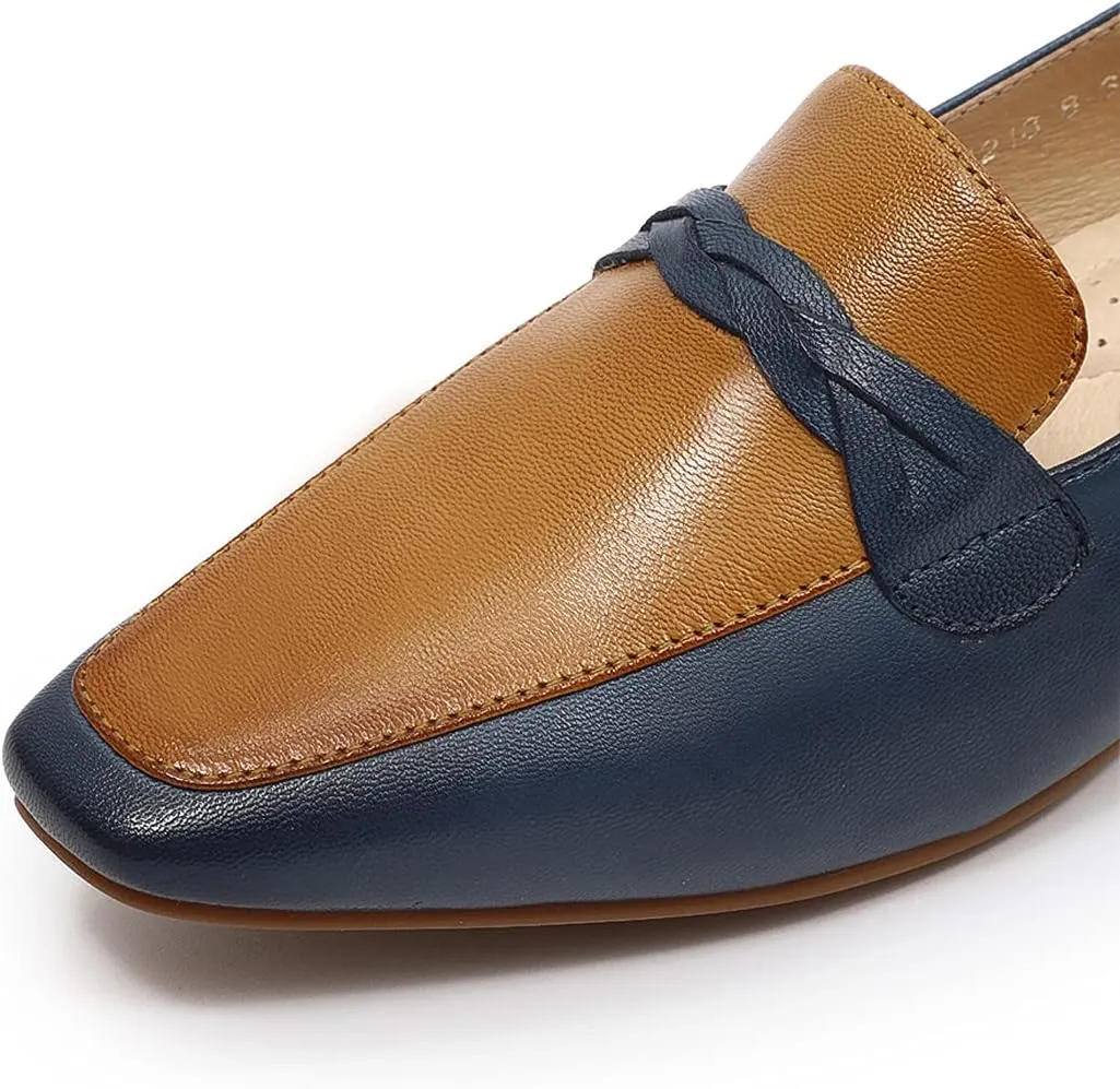 Mona flying Women's Leather Square Toe Penny Loafer Comfort Dress Casual Slip on Flat Office Work Shoes for Ladies