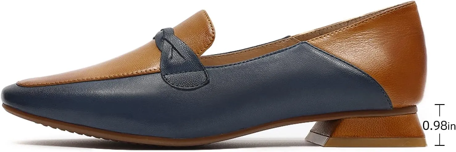 Mona flying Women's Leather Square Toe Penny Loafer Comfort Dress Casual Slip on Flat Office Work Shoes for Ladies