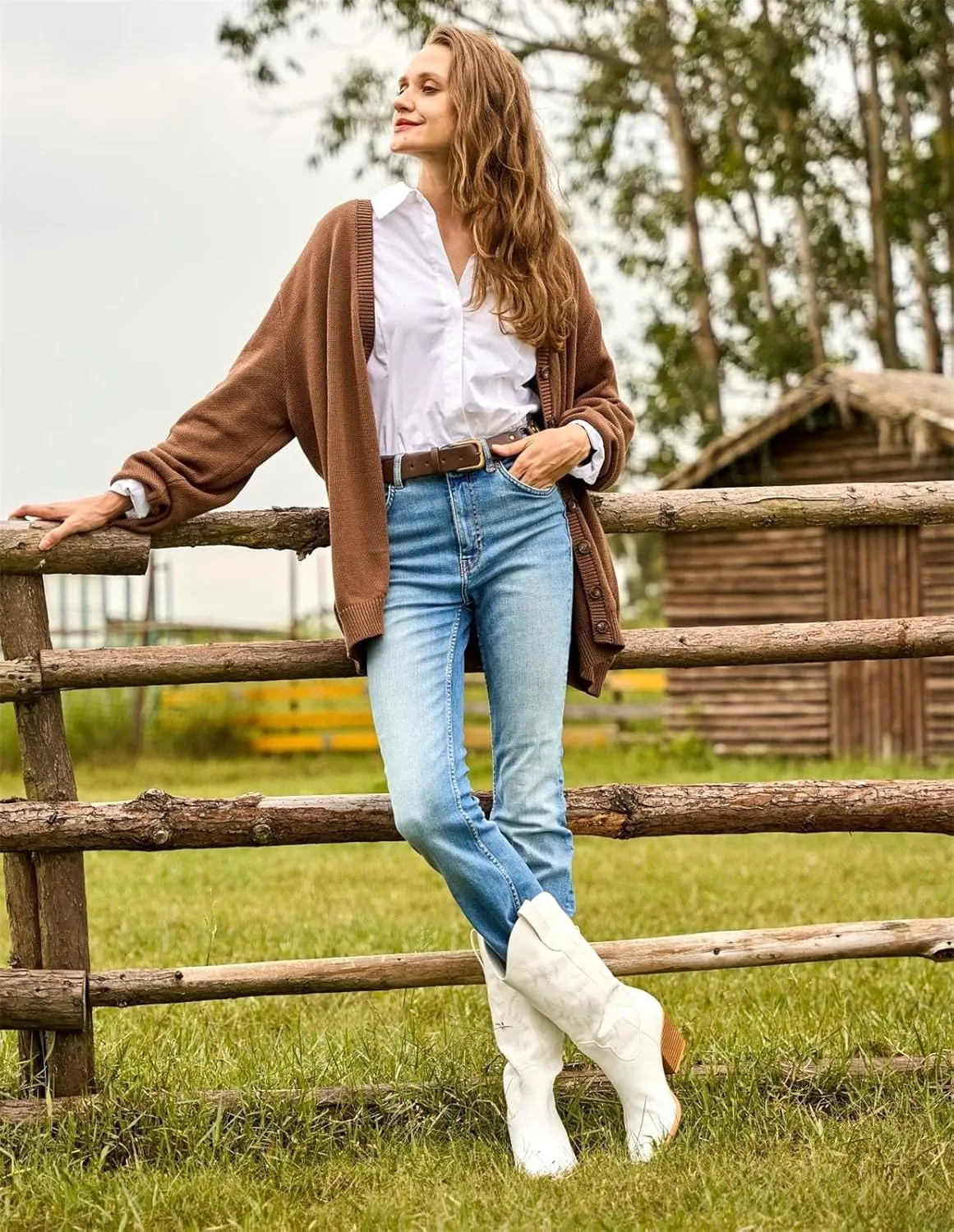 Mostrin Cowgirl Cowboy Boots Square Toe Mid-Calf Boot Chunky Block Heeled Pull On Western Boot