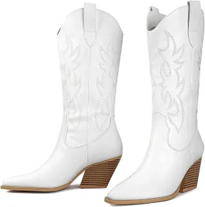Mostrin Cowgirl Cowboy Boots Square Toe Mid-Calf Boot Chunky Block Heeled Pull On Western Boot