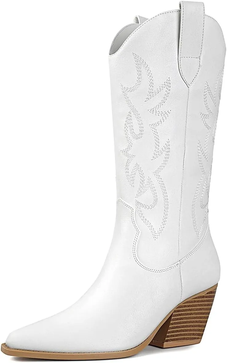Mostrin Cowgirl Cowboy Boots Square Toe Mid-Calf Boot Chunky Block Heeled Pull On Western Boot