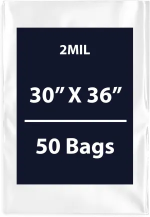 Multiple Sizes Clear Flat Poly Bags, 2Mil 30" X 36" & 50 Bags | Low-Density Polyethylene (LDPE), Flat Open Top Plastic Packaging Packing | Flexible and Durable Plastic Bags