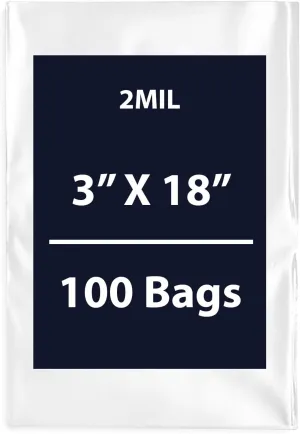 Multiple Sizes Clear Flat Poly Bags, 2Mil 3" X 18" & 100 Bags | Low-Density Polyethylene (LDPE), Flat Open Top Plastic Packaging Packing | Flexible and Durable Plastic Bags