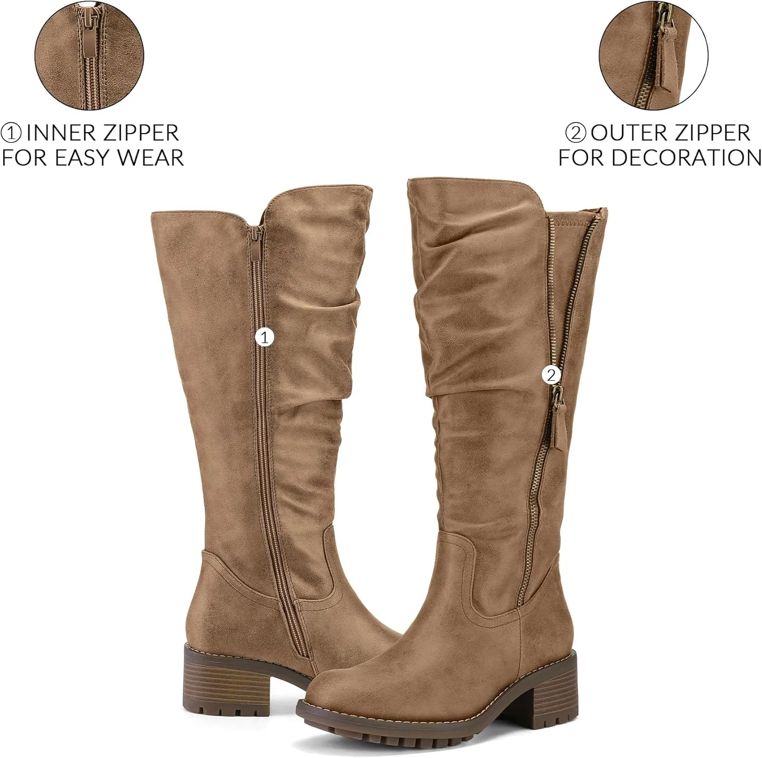 mysoft Women's Knee High Boots Side Zipper Lug Sole 2 Inch Stacked Chunky Heel Boots