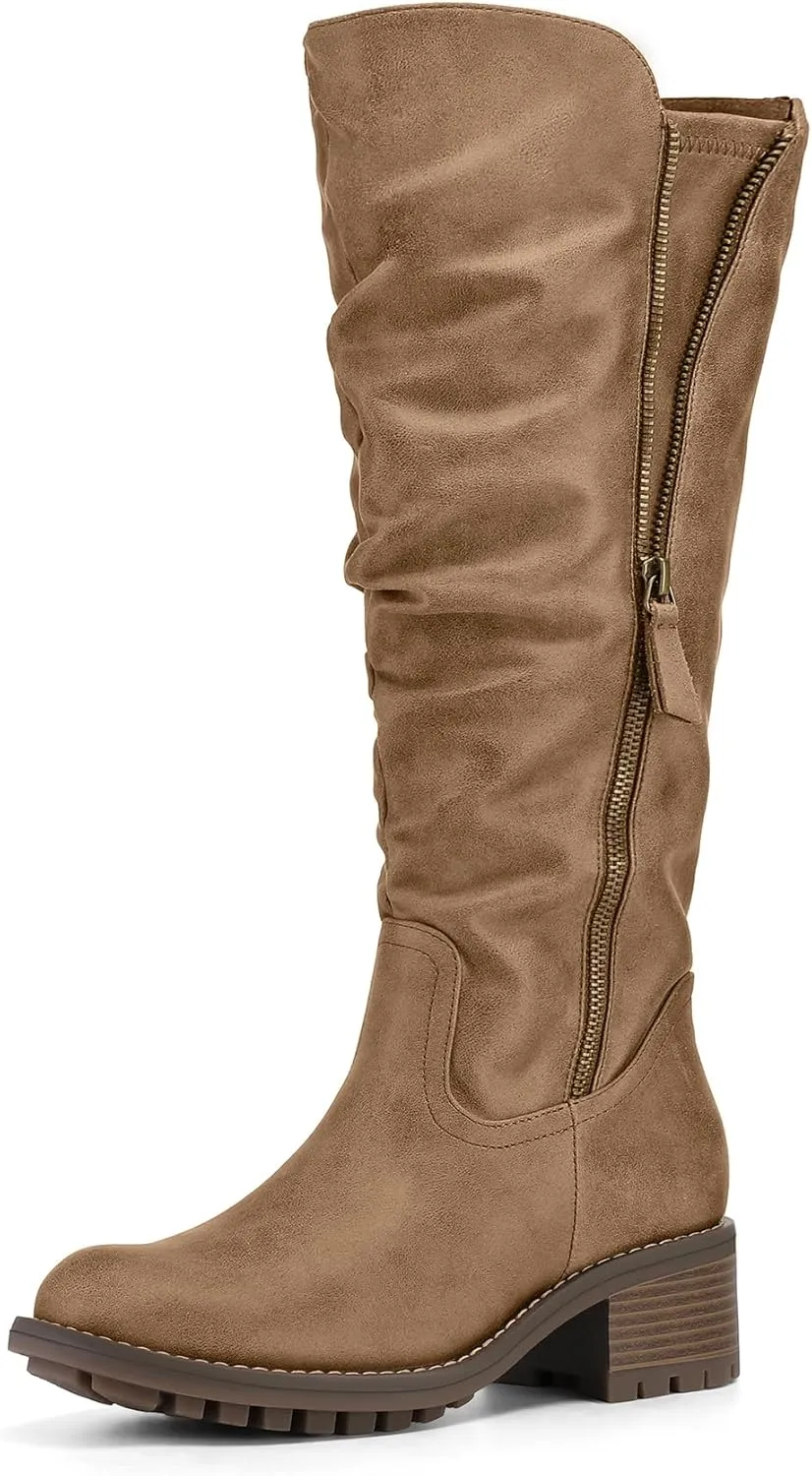 mysoft Women's Knee High Boots Side Zipper Lug Sole 2 Inch Stacked Chunky Heel Boots