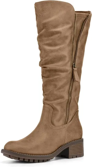 mysoft Women's Knee High Boots Side Zipper Lug Sole 2 Inch Stacked Chunky Heel Boots