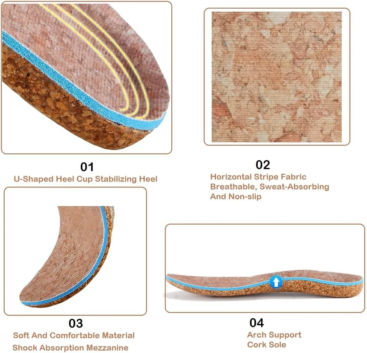 Nature Cork Arch Support Insoles for Men and Women Shoe Inserts Orthotic Inserts Flat Feet Foot - Plantar Fasciitis Orthotic Insoles for Arch Pain High Arch - Boot Insoles (Women 7.5-8 / Men 7-7.5)