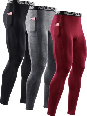 NELEUS Men's Dry Fit Compression Baselayer Pants Running Tights Leggings with Phone Pocket