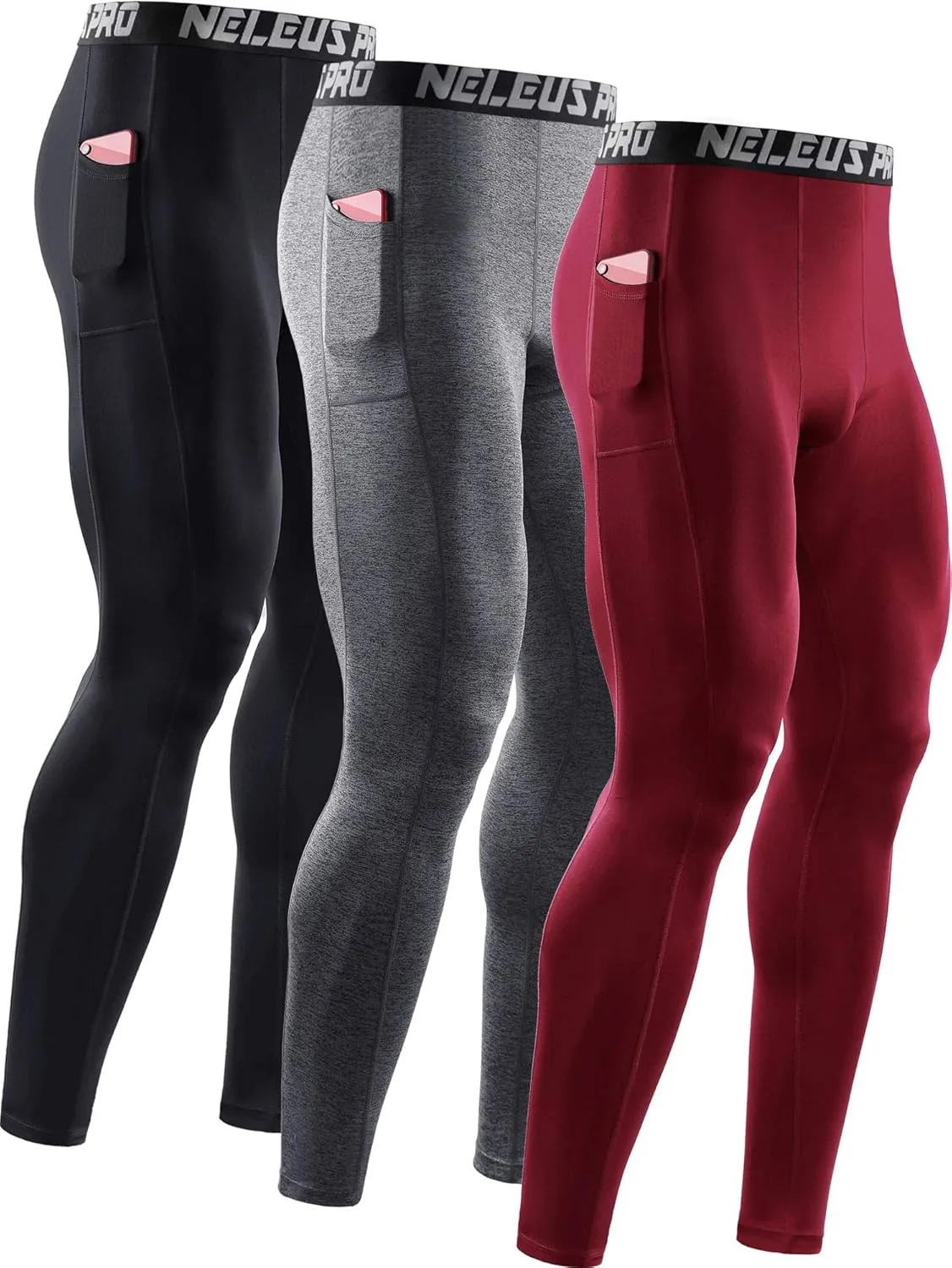 NELEUS Men's Dry Fit Compression Baselayer Pants Running Tights Leggings with Phone Pocket