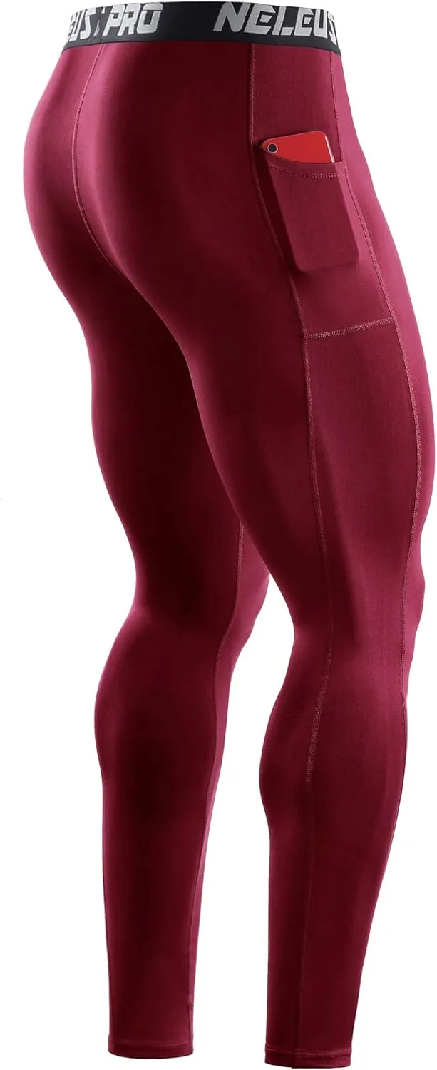 NELEUS Men's Dry Fit Compression Baselayer Pants Running Tights Leggings with Phone Pocket