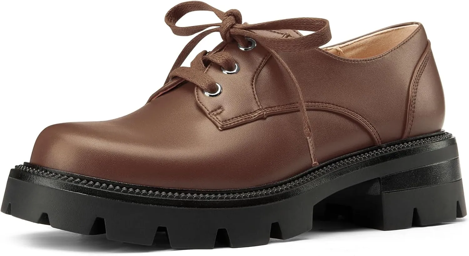 NobleOnly Platform Loafers for Women Lace-up Chunky Low Block Heel Loafers Close Round Toe Casual Office Pumps 1.4 Inches Heels