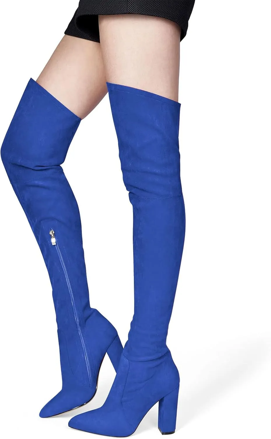 NobleOnly Women's High Heels Over Knee Boots Pointed-Toe Sexy Boot with Zipper Basic Office Boot 4" Chunky Heel Shoes