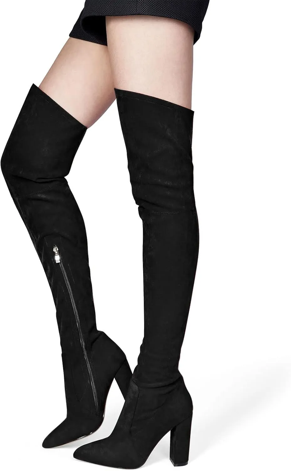 NobleOnly Women's High Heels Over Knee Boots Pointed-Toe Sexy Boot with Zipper Basic Office Boot 4" Chunky Heel Shoes