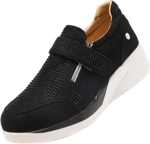 oiangi Rhinestone Sneakers for Women,Fashion Suede Side Zipper Comfortable Breathable Wedge Sport Shoes Outdoor Lightweight Casual Walking Shoes