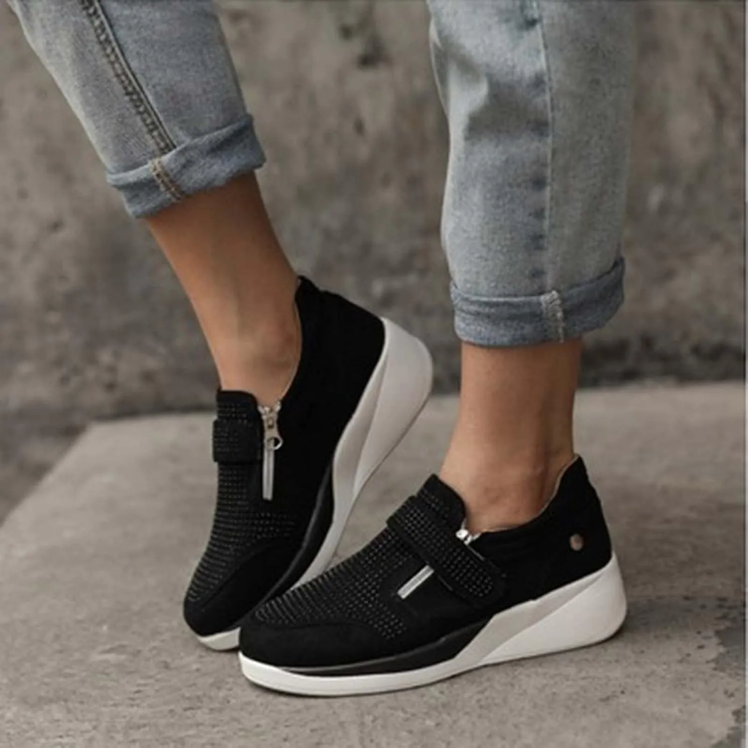 oiangi Rhinestone Sneakers for Women,Fashion Suede Side Zipper Comfortable Breathable Wedge Sport Shoes Outdoor Lightweight Casual Walking Shoes