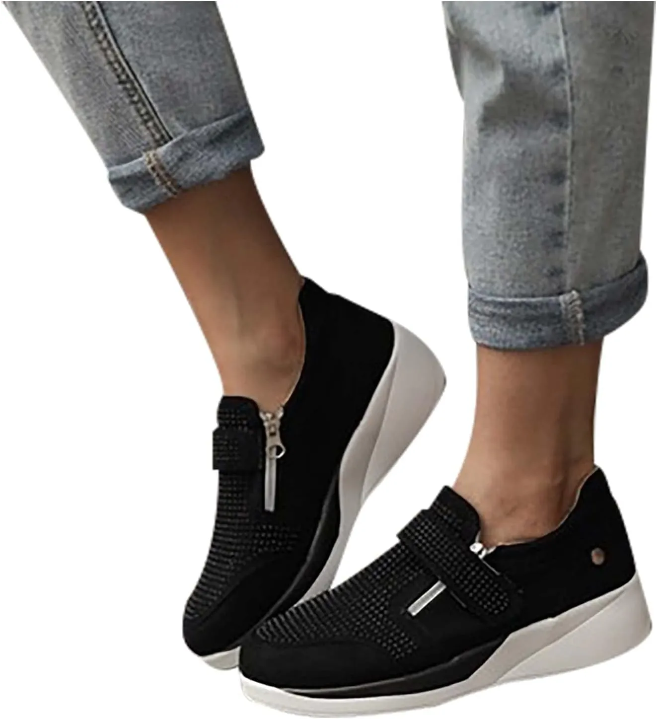 oiangi Rhinestone Sneakers for Women,Fashion Suede Side Zipper Comfortable Breathable Wedge Sport Shoes Outdoor Lightweight Casual Walking Shoes