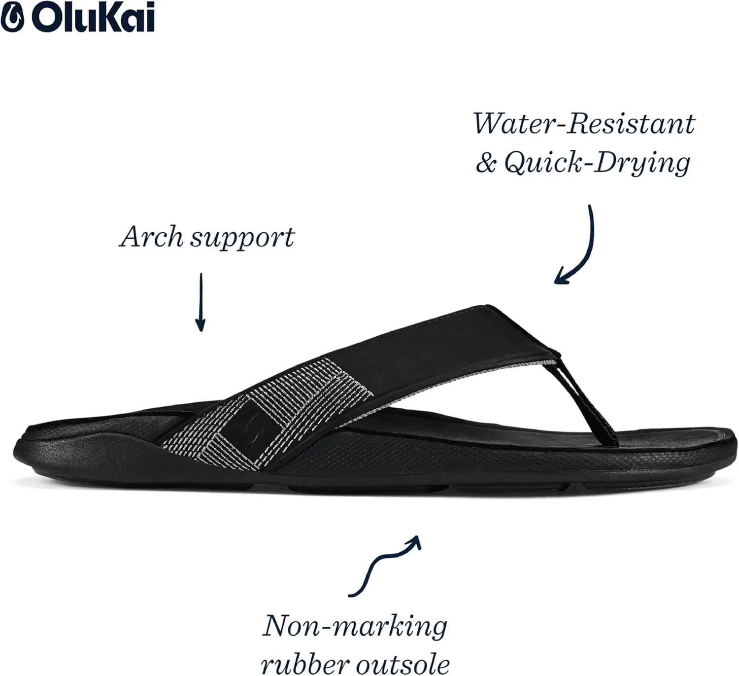OLUKAI Tuahine Men's Waterproof Leather Sandals, Versatile Beach Flip Flops, Arch Support & Comfort Fit, Lightweight & Durable, Enhanced Grip & Traction
